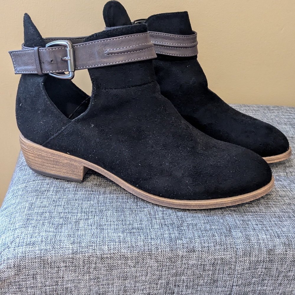 Black Suede Ankle Boots with Gray Strap